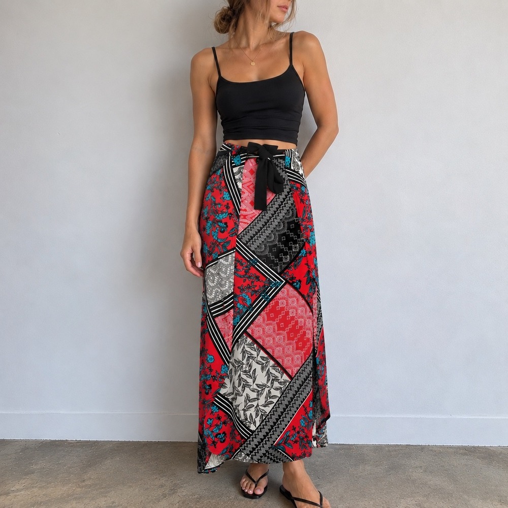 Laundry by Shelli Segal Patchwork Maxi Skirt XS Boho Scarf Print Tie Waist